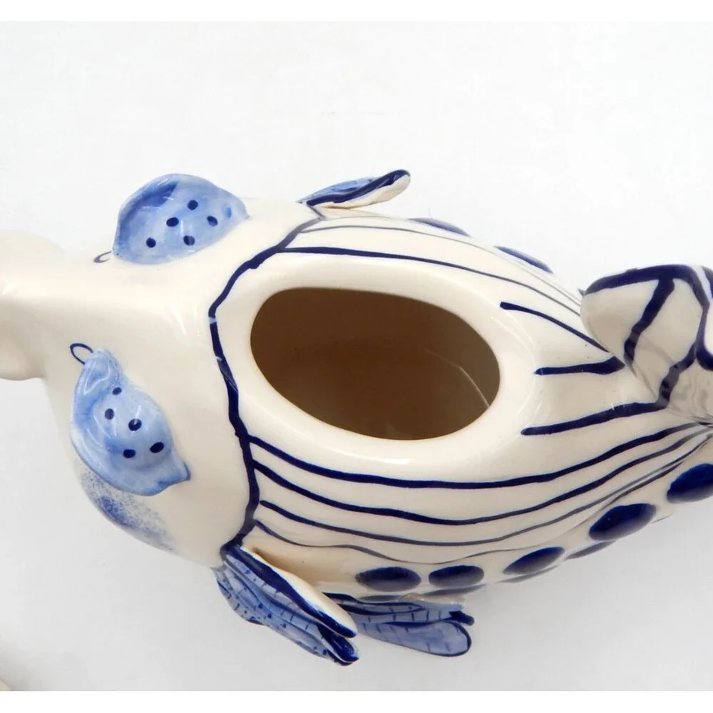 Blue Sky Clayworks Diane Kissy Fish Teapot Blue White Polka Dot 10 Inch 2013